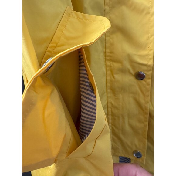 Yellow Hooded Rain Jacket With Drawstring & Snap Closures Size S Striped Lining - Picture 5 of 8